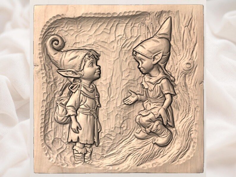Two Elf Children Meeting by a Tree STL Relief Carving bas-relief STL — view 3