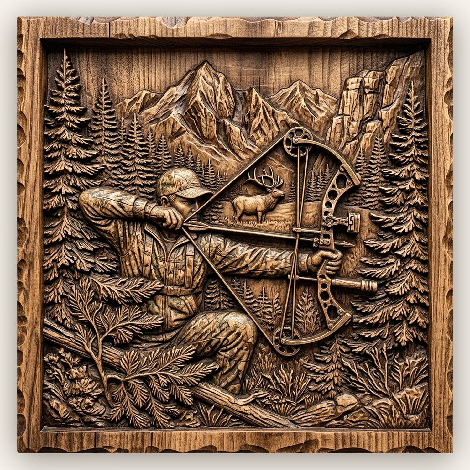 Elk Bow Hunter Mountain Wilderness Scene CNC Relief STL bas-relief STL design