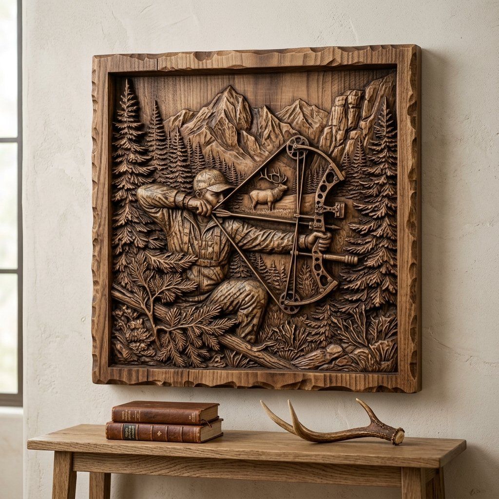 Elk Bow Hunter Mountain Wilderness Scene CNC Relief STL bas-relief STL — view 14