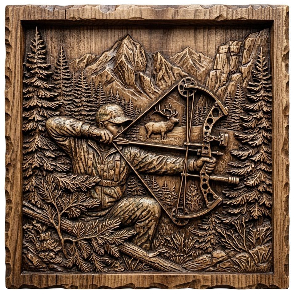Elk Bow Hunter Mountain Wilderness Scene CNC Relief STL bas-relief STL — view 12