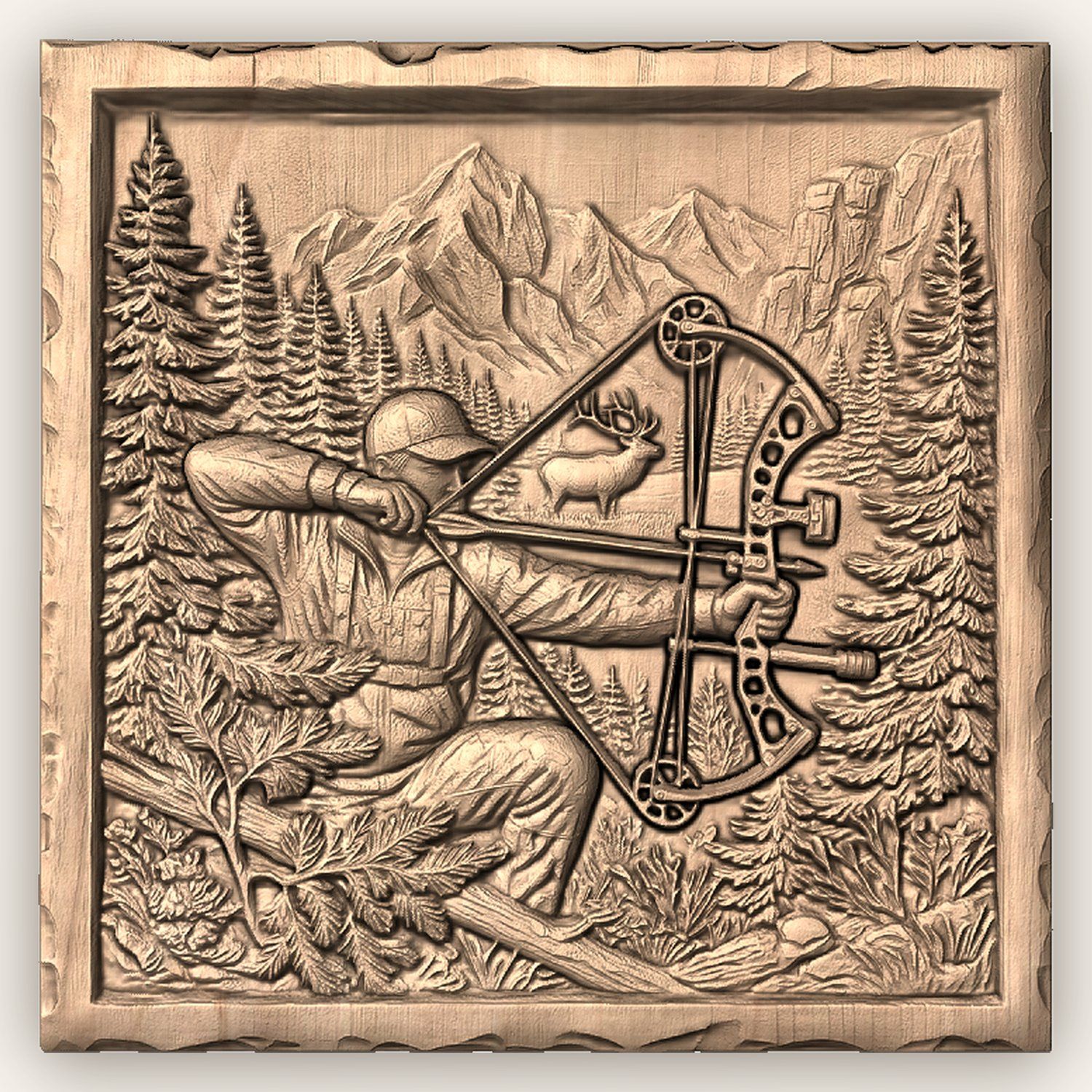 Elk Bow Hunter Mountain Wilderness Scene CNC Relief STL bas-relief STL — view 4