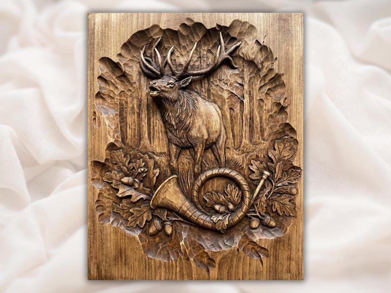 Carved wood relief of a bugling bull elk in a forest above a hunting horn, oak leaves, and acorns.