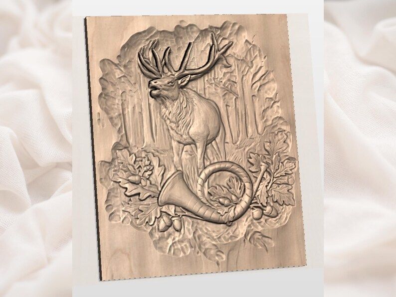 Bugling Elk in the Forest Bas-Relief STL with Hunting Horn bas-relief STL — view 2