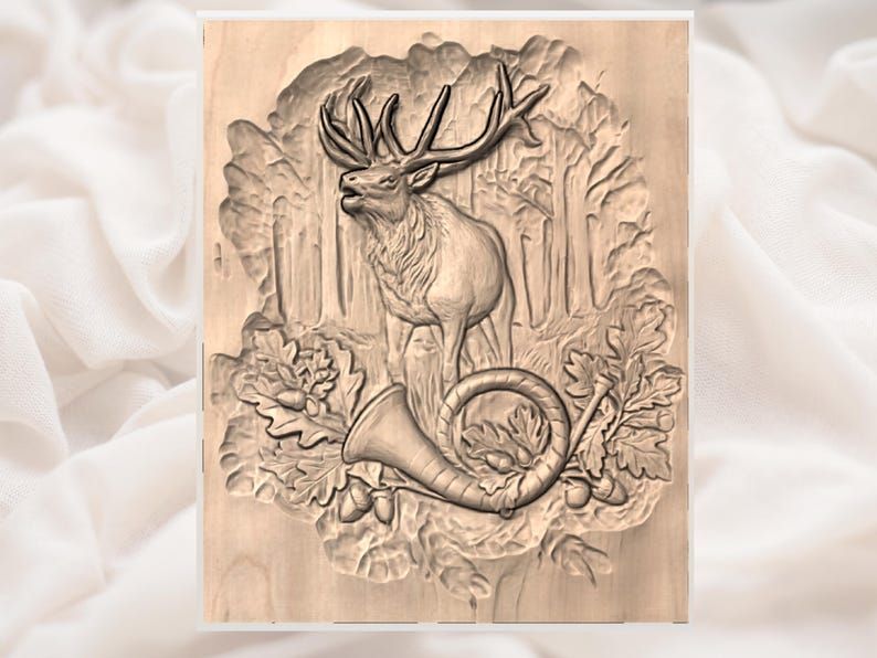 Bugling Elk in the Forest Bas-Relief STL with Hunting Horn bas-relief STL — view 3