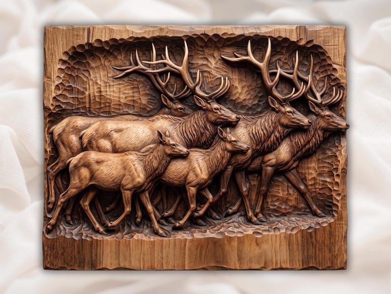 Carved wood bas-relief of an elk herd with two antlered bulls and grazing cows in a forest scene