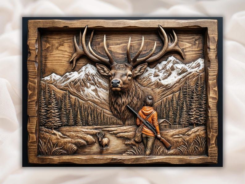 Carved wood relief of a bull elk head, a hunter with a rifle, snowy mountains, pines, and a cabin