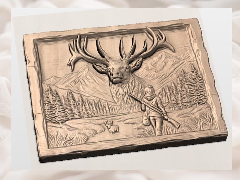 Elk Bull and Hunter Mountain Scene Bas-Relief STL bas-relief STL — view 2