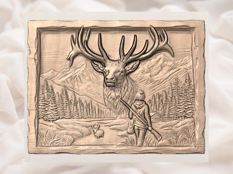 Elk Bull and Hunter Mountain Scene Bas-Relief STL bas-relief STL — view 3