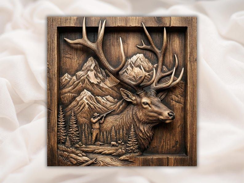 Bas-relief wood carving of a bull elk head with mountains, pines, and a hunter with a rifle.