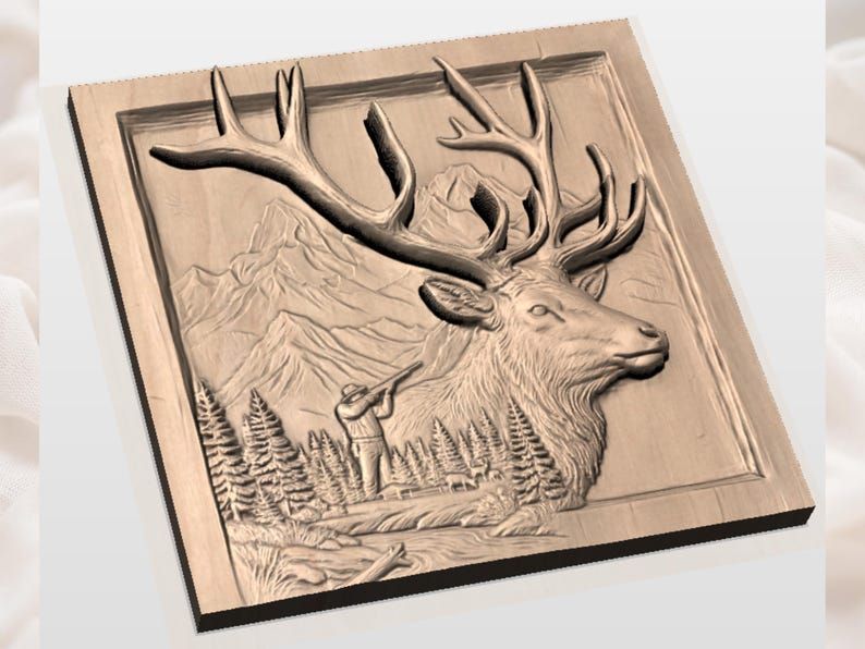 Bull Elk and Mountain Hunter Scene 3D Relief STL Carving File bas-relief STL — view 2