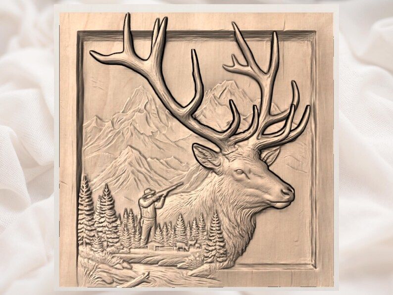Bull Elk and Mountain Hunter Scene 3D Relief STL Carving File bas-relief STL — view 3