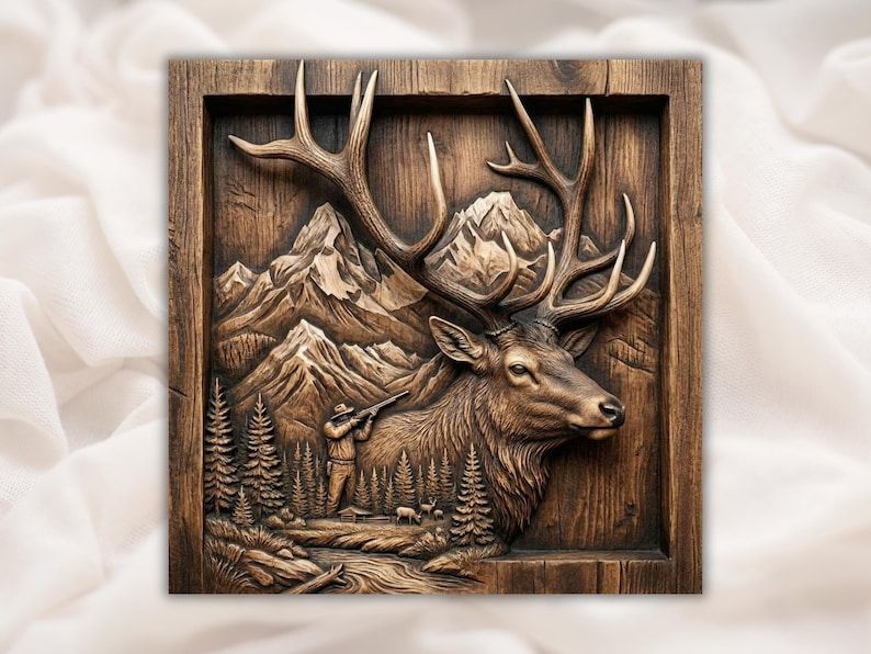 Bull Elk and Mountain Hunter Scene 3D Relief STL Carving File bas-relief STL design