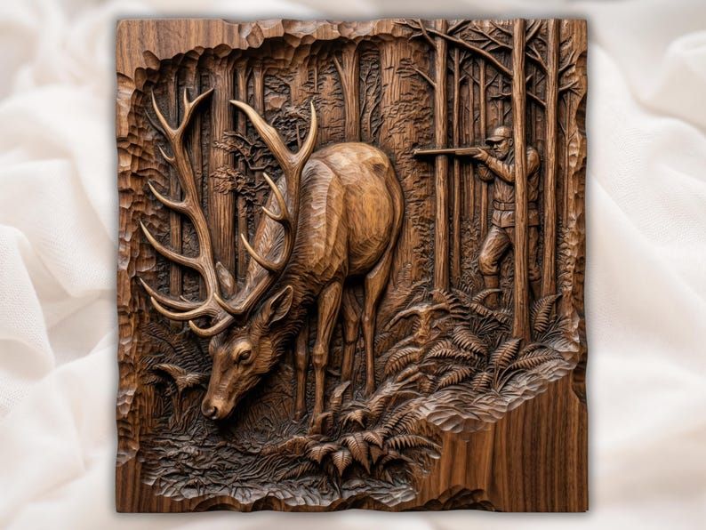 Carved wood relief of a bull elk grazing in a pine forest while a hunter aims a rifle nearby