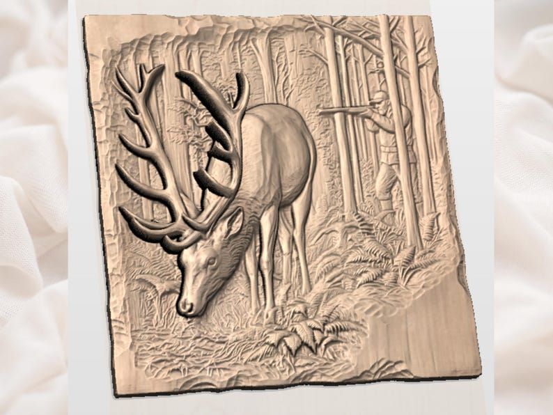 Bull Elk and Hidden Hunter Forest Scene Bas-Relief STL bas-relief STL — view 2