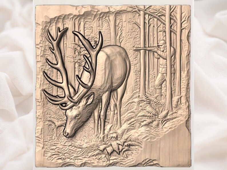 Bull Elk and Hidden Hunter Forest Scene Bas-Relief STL bas-relief STL — view 3