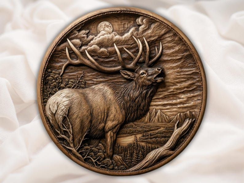 Round wood bas-relief carving of a bugling bull elk with large antlers under a full moon and mountains.