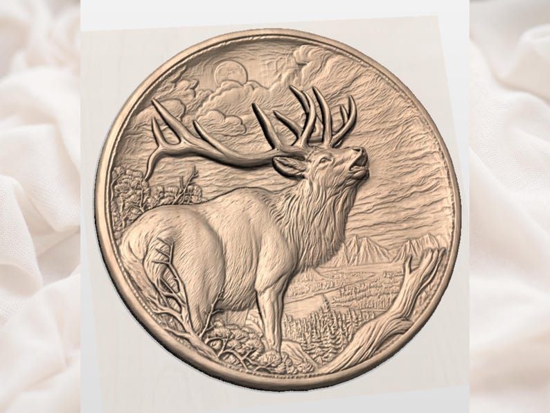 Bugling Bull Elk Round Relief STL with Moonlit Mountain Scene bas-relief STL — view 2