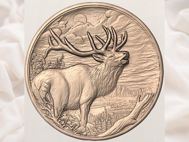 Bugling Bull Elk Round Relief STL with Moonlit Mountain Scene bas-relief STL — view 3