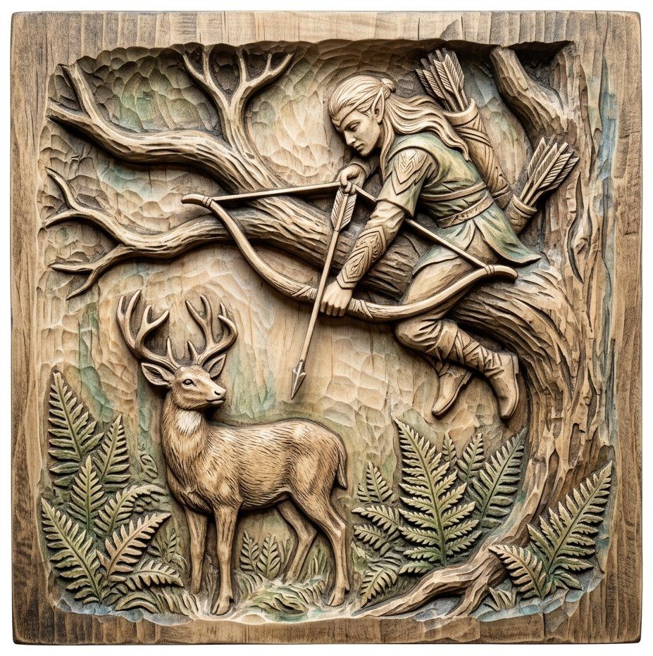 Elven Archer Hunting Deer Wall Art Panel | Fantasy Forest Wildlife Relief | Mythical Hunter Wood Carving Design | VCarve Pro Aspire — carved bas relief STL file for CNC