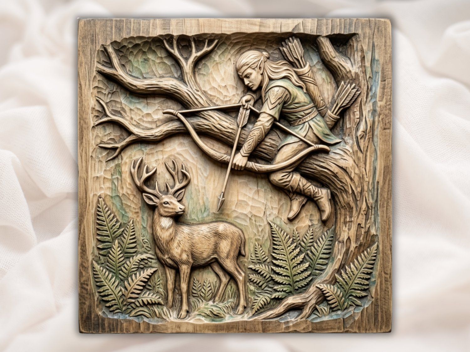 Elven Archer Hunting Deer Wall Art Panel bas-relief STL — view 2