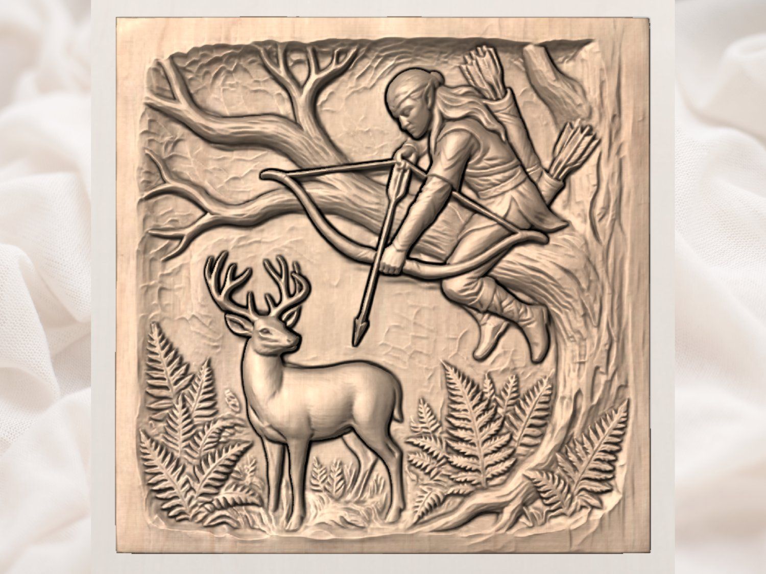 Elven Archer Hunting Deer Wall Art Panel bas-relief STL — view 3