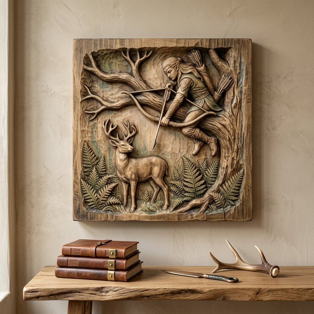 Elven Archer Hunting Deer Wall Art Panel bas-relief STL — view 6