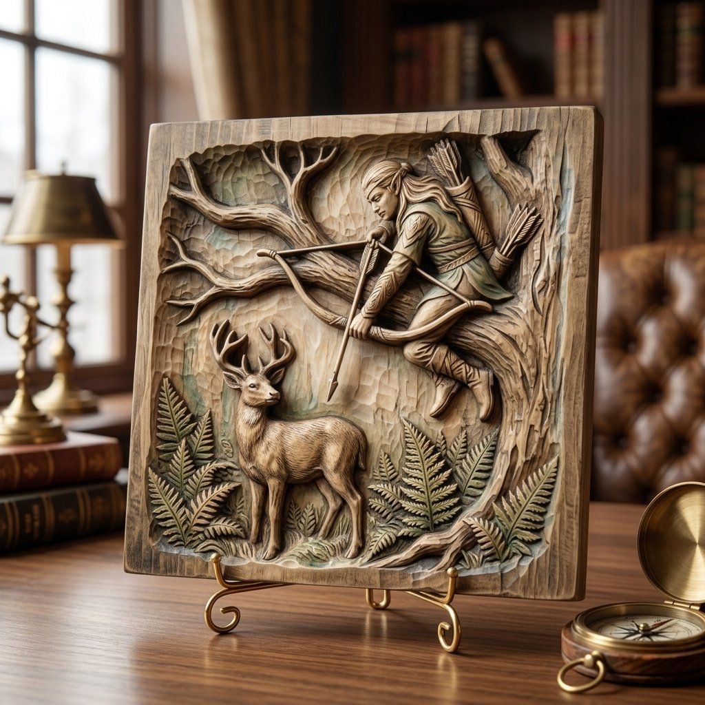 Elven Archer Hunting Deer Wall Art Panel bas-relief STL — view 7