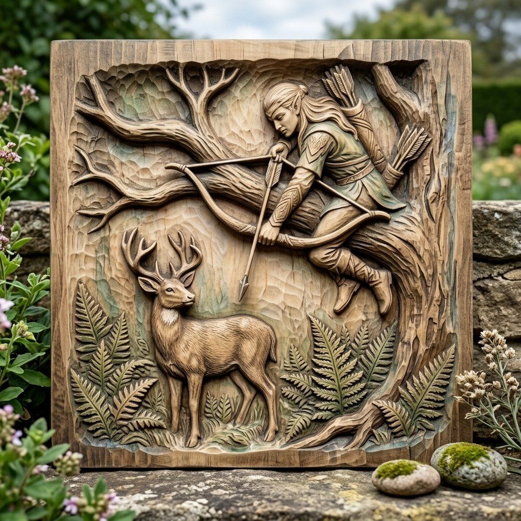 Elven Archer Hunting Deer Wall Art Panel bas-relief STL — view 8