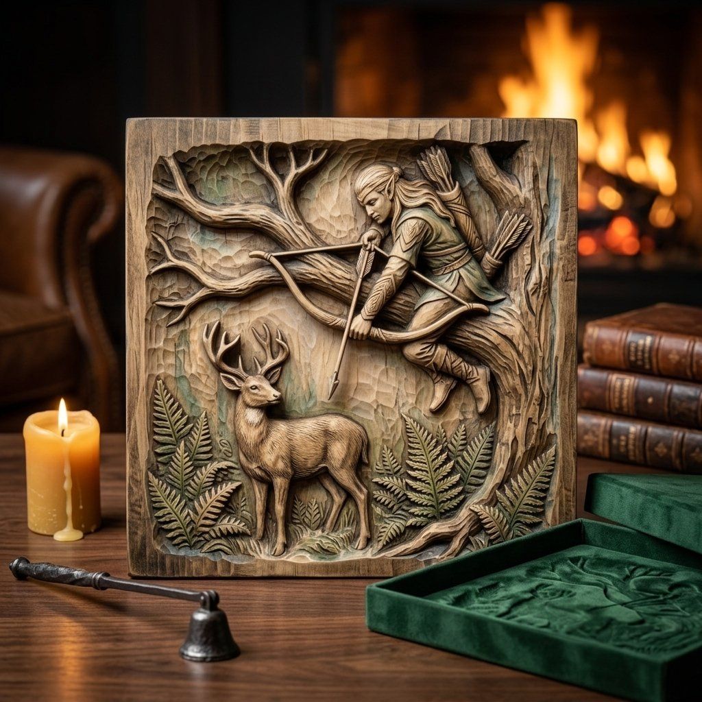 Elven Archer Hunting Deer Wall Art Panel bas-relief STL — view 9
