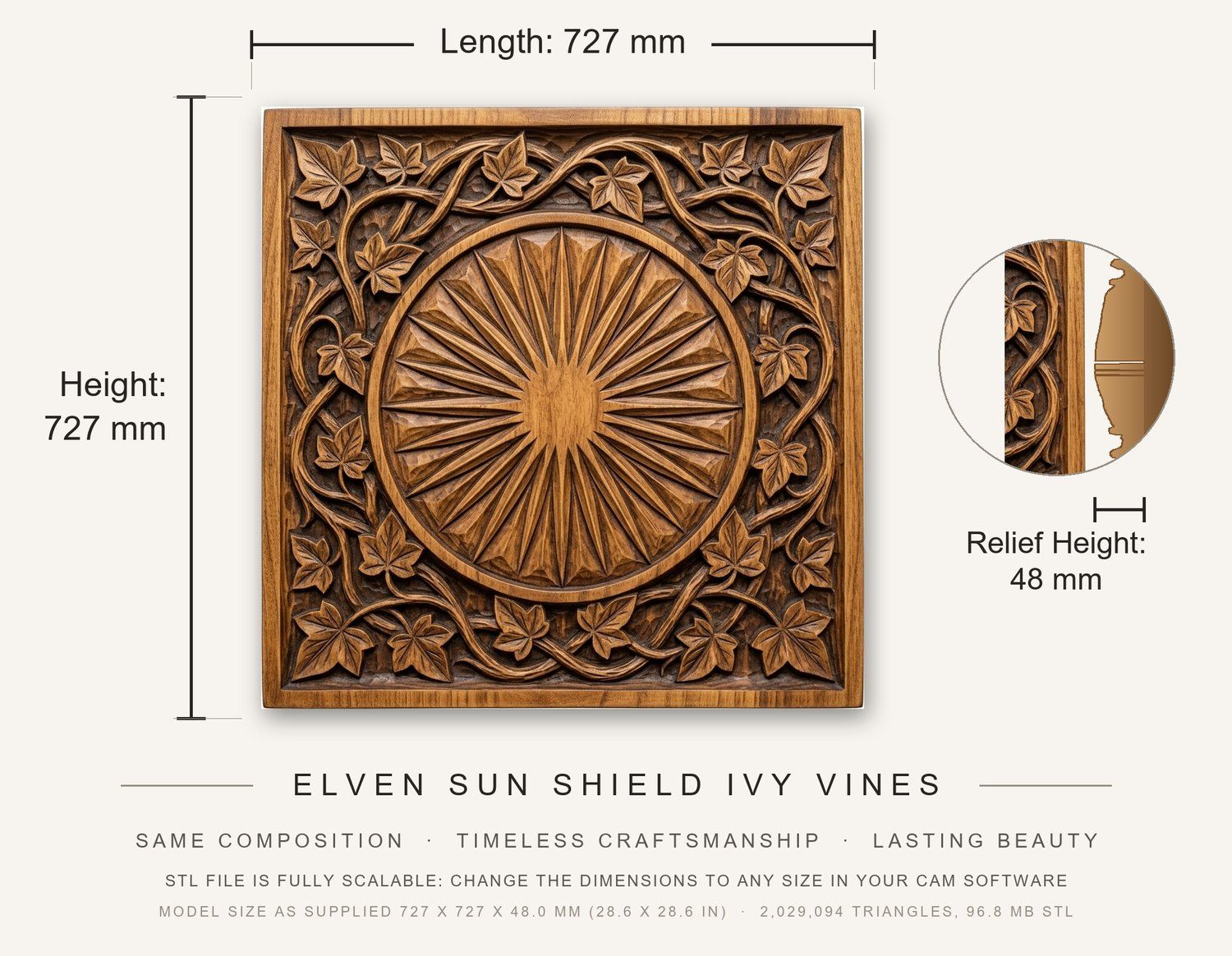 Elven Sun Shield Ivy Vines CNC Relief STL bas-relief STL — view 3