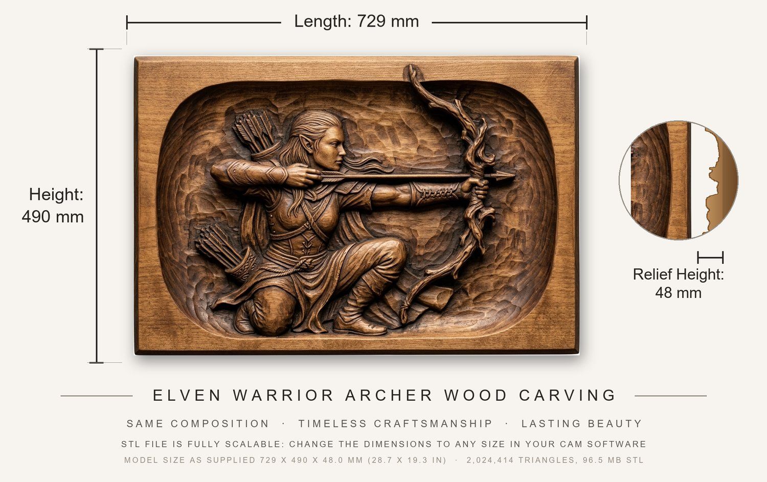Elven Warrior Archer Wood Carving CNC Relief STL bas-relief STL — view 3