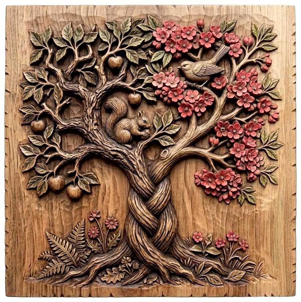 Enchanted Tree Of Life Wall Art | Braided Trunk Nature Relief | Squirrel And Bird Orchard Decor | Premium Wood Carving Design — carved bas relief STL file for CNC
