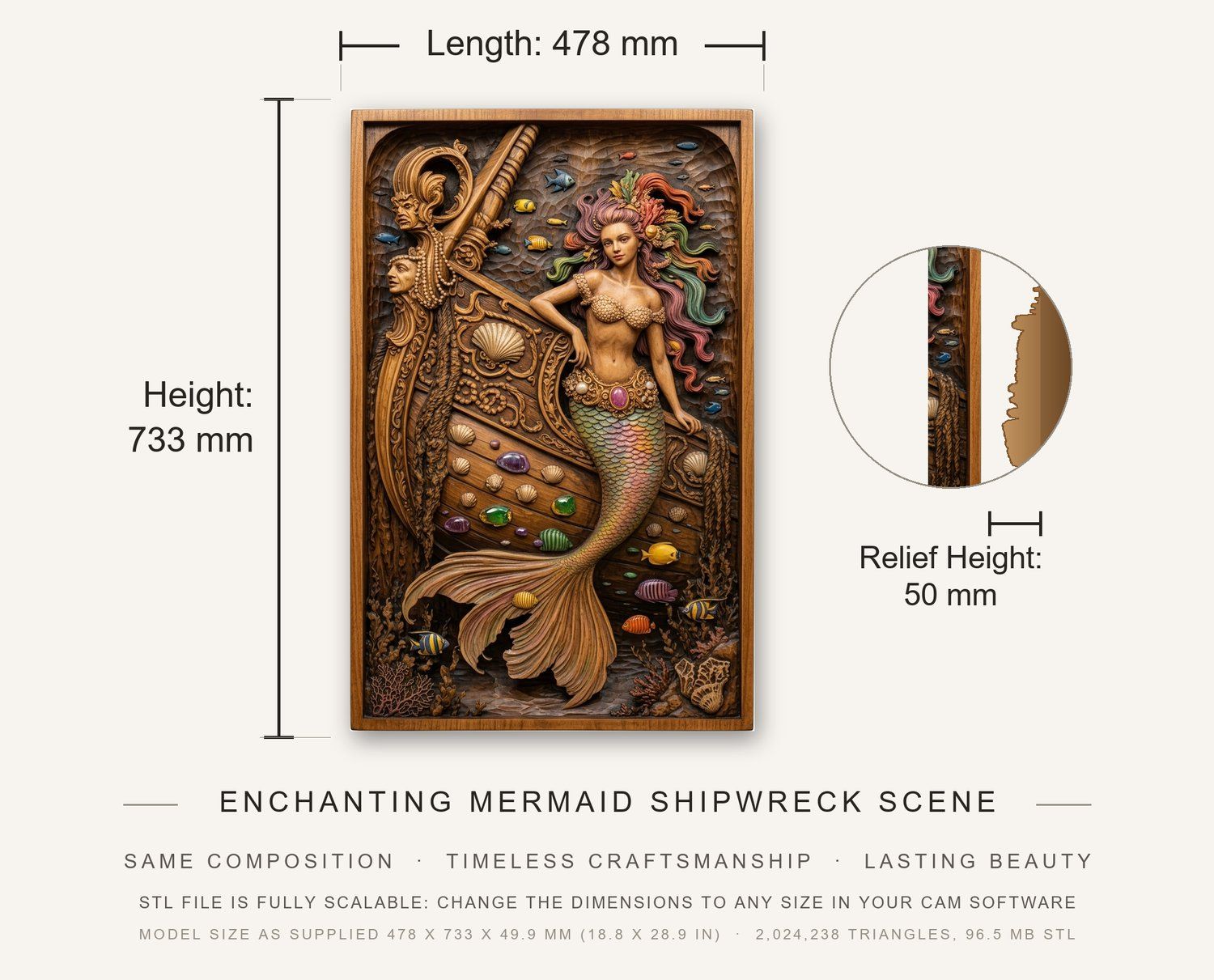 Enchanting Mermaid Shipwreck Scene CNC Relief STL bas-relief STL — view 3