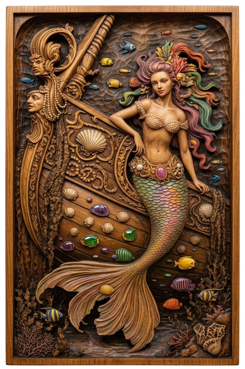Enchanting Mermaid Shipwreck Scene CNC Relief STL bas-relief STL — view 4