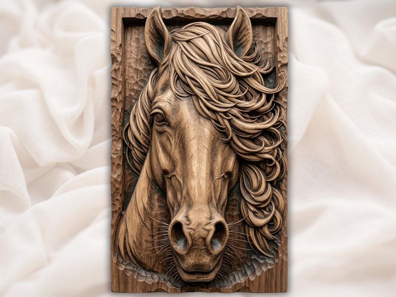 Bas-relief wood carving of a front-facing horse head with a long flowing mane in a framed border.