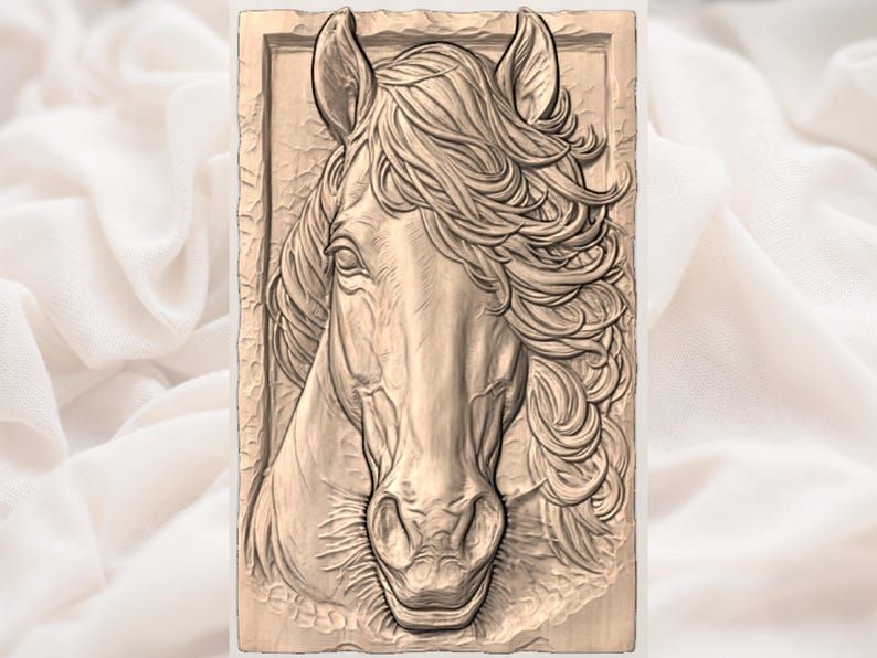 Windswept Stallion Horse Head Bas-Relief STL for CNC and 3D Print bas-relief STL — view 3