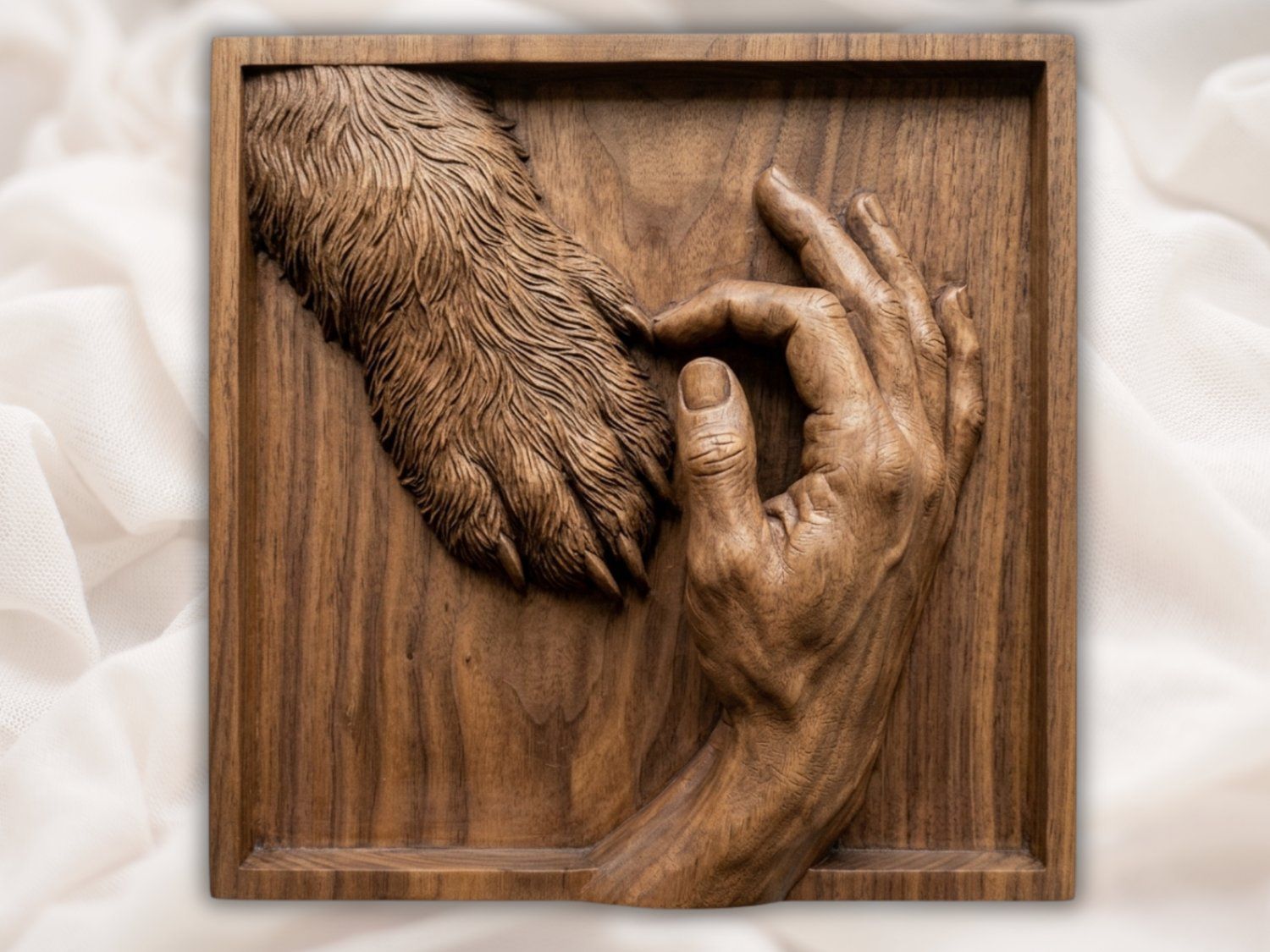 Eternal Bond Dog Paw and Human Hand CNC Relief STL | Pet Memorial Wall Art Panel | Man's Best Friend Wood Carving Design | VCarve Carveco — carved bas relief STL file for CNC