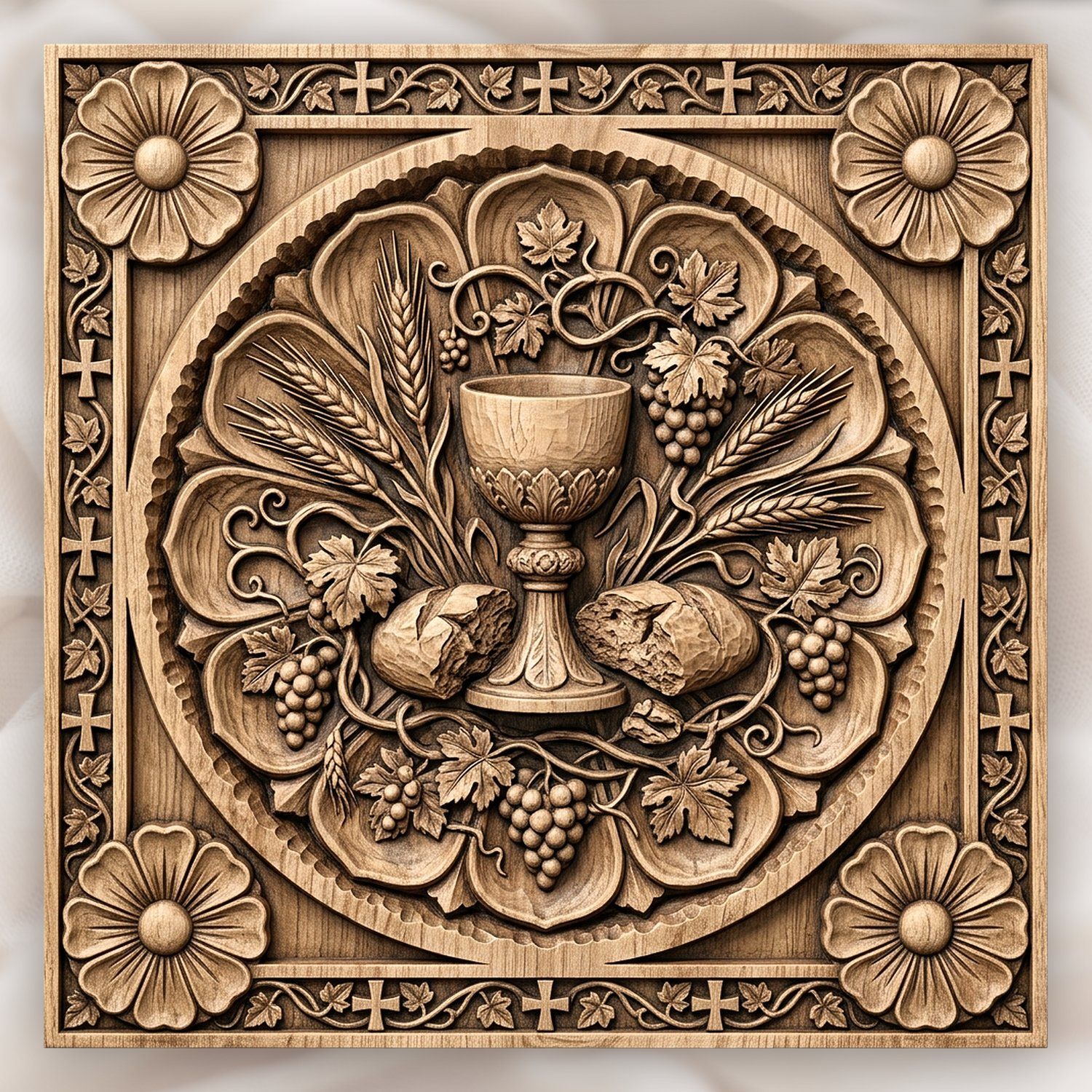 Eucharist Communion Chalice Bread Wheat CNC Relief STL | Christian Wood Carving Design | Sacred Religious Wall Art Panel — carved bas relief STL file for CNC