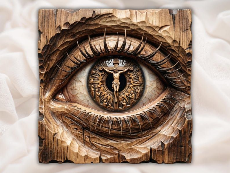 Carved wooden bas-relief of a human eye with a crucifixion scene of Christ on the cross inside the iris