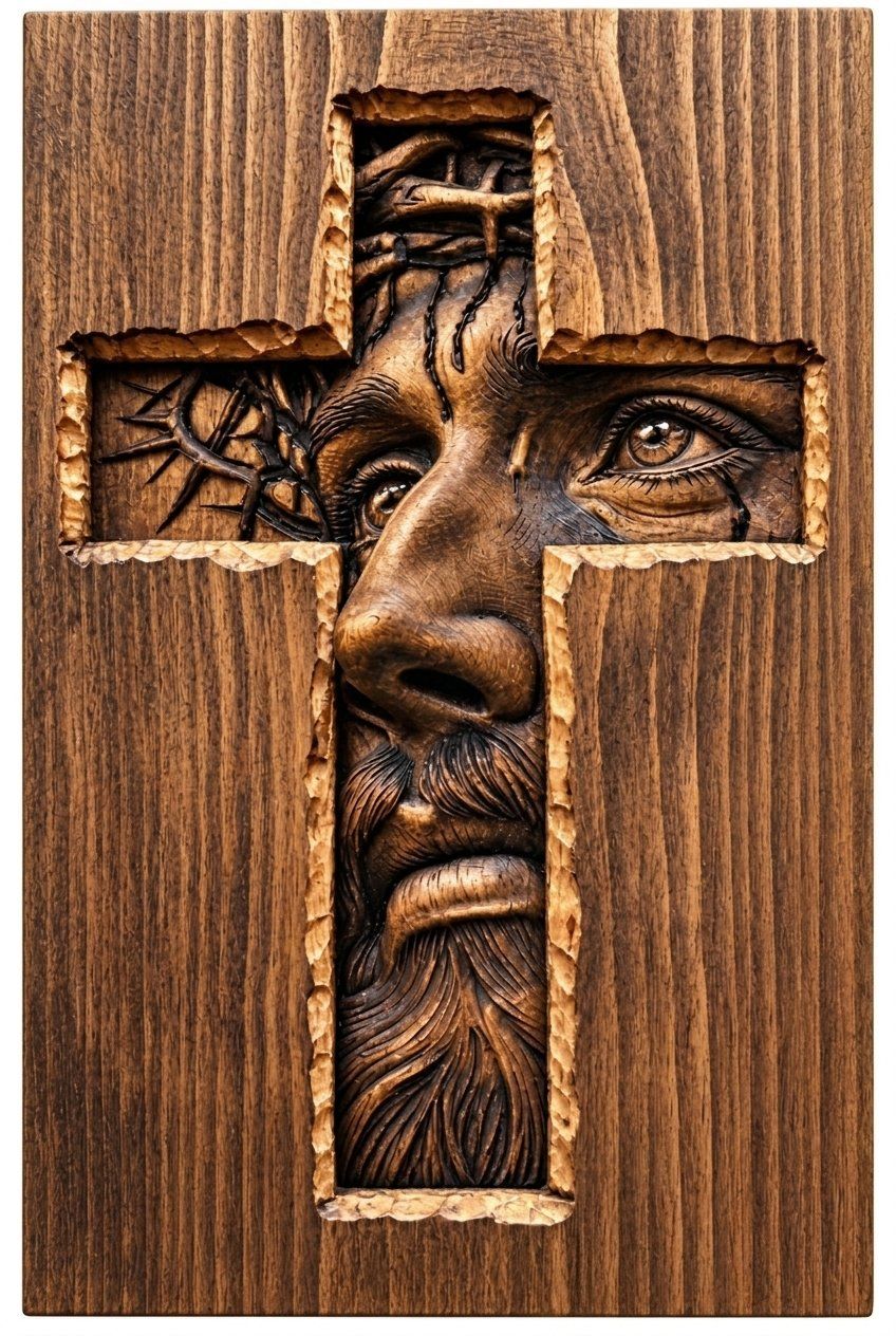 Face of Christ Sacred Cross Wall Art CNC Relief STL | Religious Wood Carving Design | Christian Decor Aspire VCarve File — carved bas relief STL file for CNC