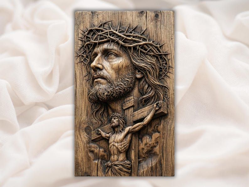 Wood bas-relief carving of the face of Jesus in a crown of thorns with the crucifixion below on a cross