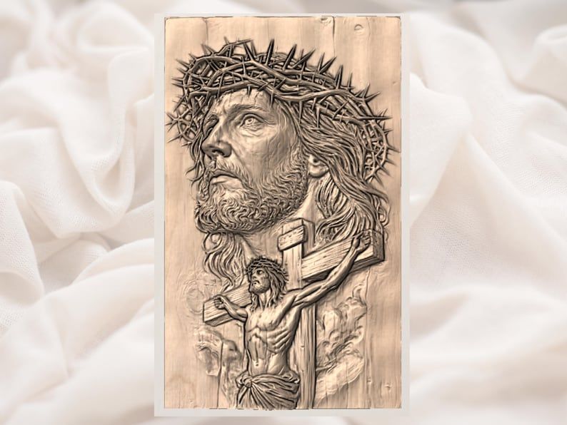 Face of Christ and Crucifixion Bas-Relief STL with Crown of Thorns bas-relief STL — view 2