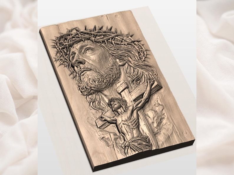 Face of Christ and Crucifixion Bas-Relief STL with Crown of Thorns bas-relief STL — view 3