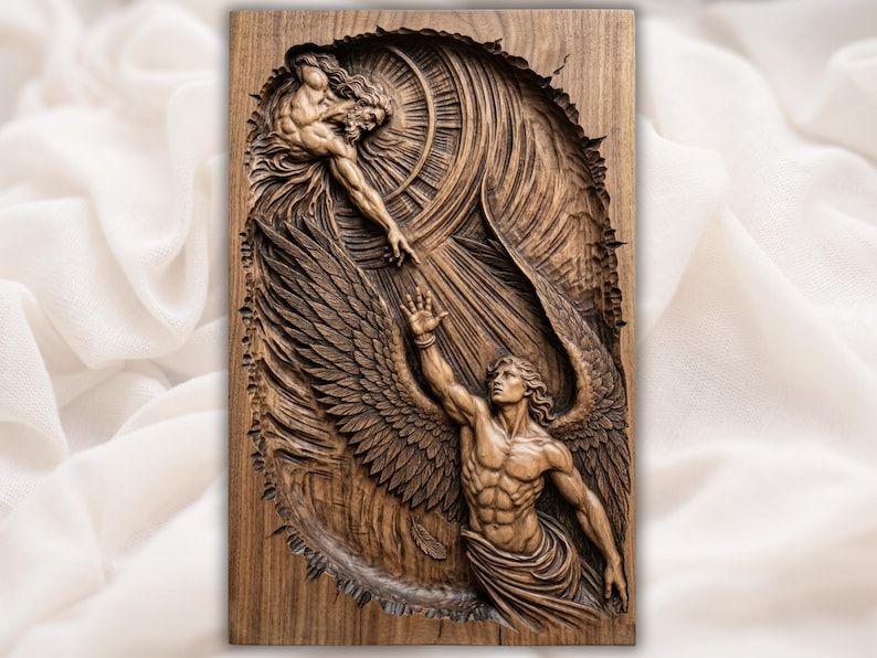 Carved wood bas-relief of a winged angel reaching upward toward a descending divine figure amid clouds and light.