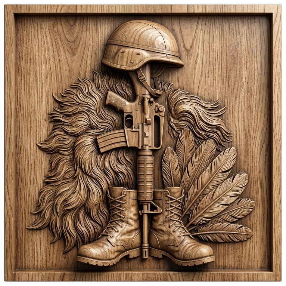 Fallen Soldier Battle Cross Tribute CNC Relief STL | Military Memorial Wall Art | Veteran Remembrance Wood Panel — carved bas relief STL file for CNC