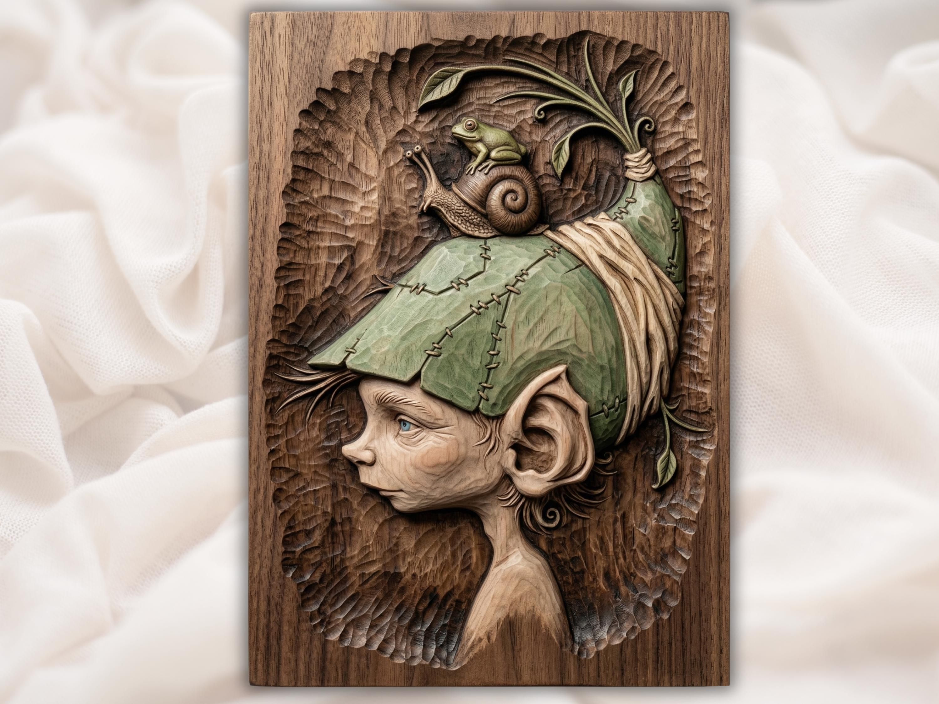 Carved bas-relief of an elf child in profile wearing a stitched leaf cap with a snail and frog on top