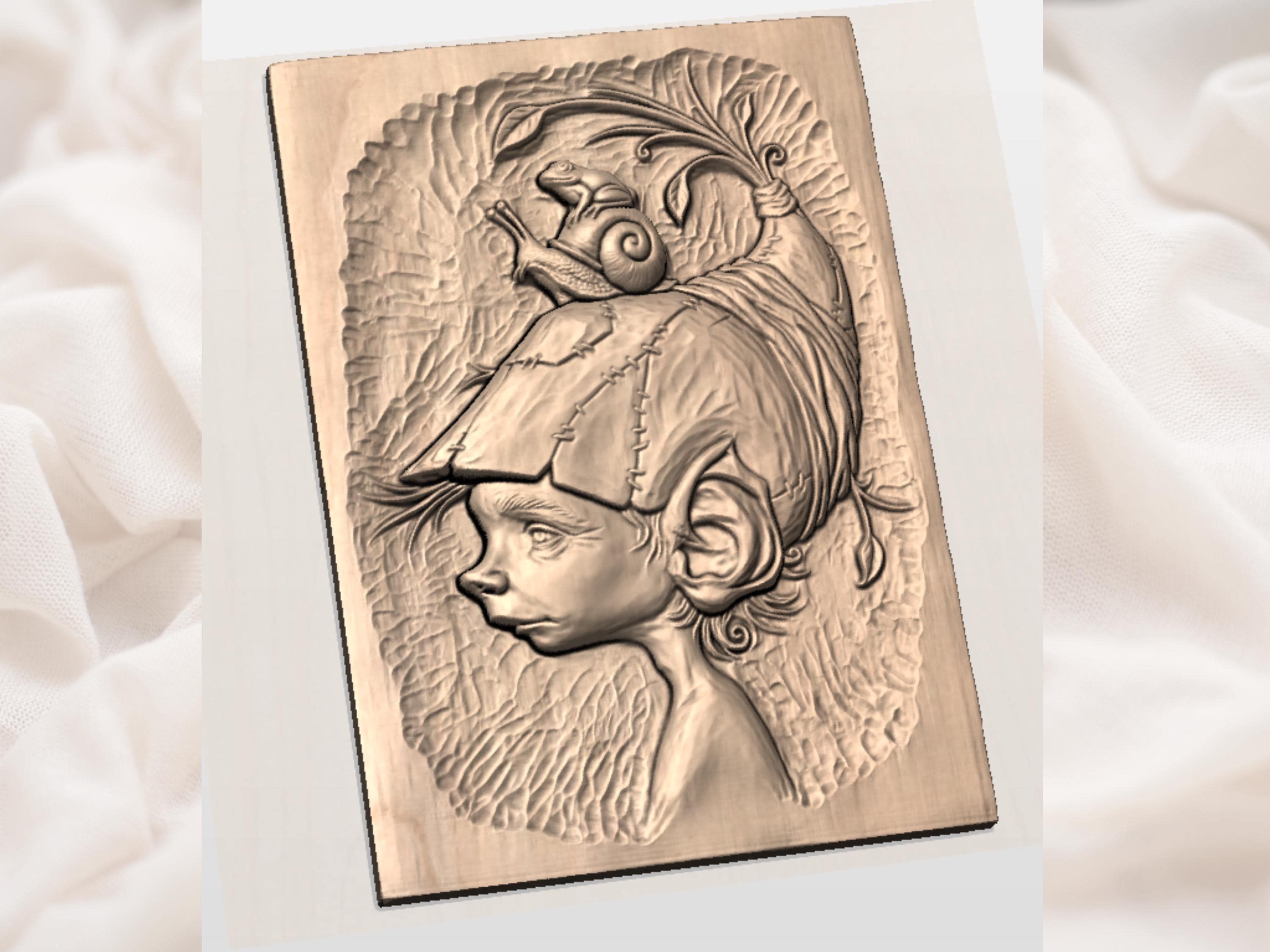 Elf Child With Snail and Frog Cap Fantasy Bas-Relief STL bas-relief STL — view 2