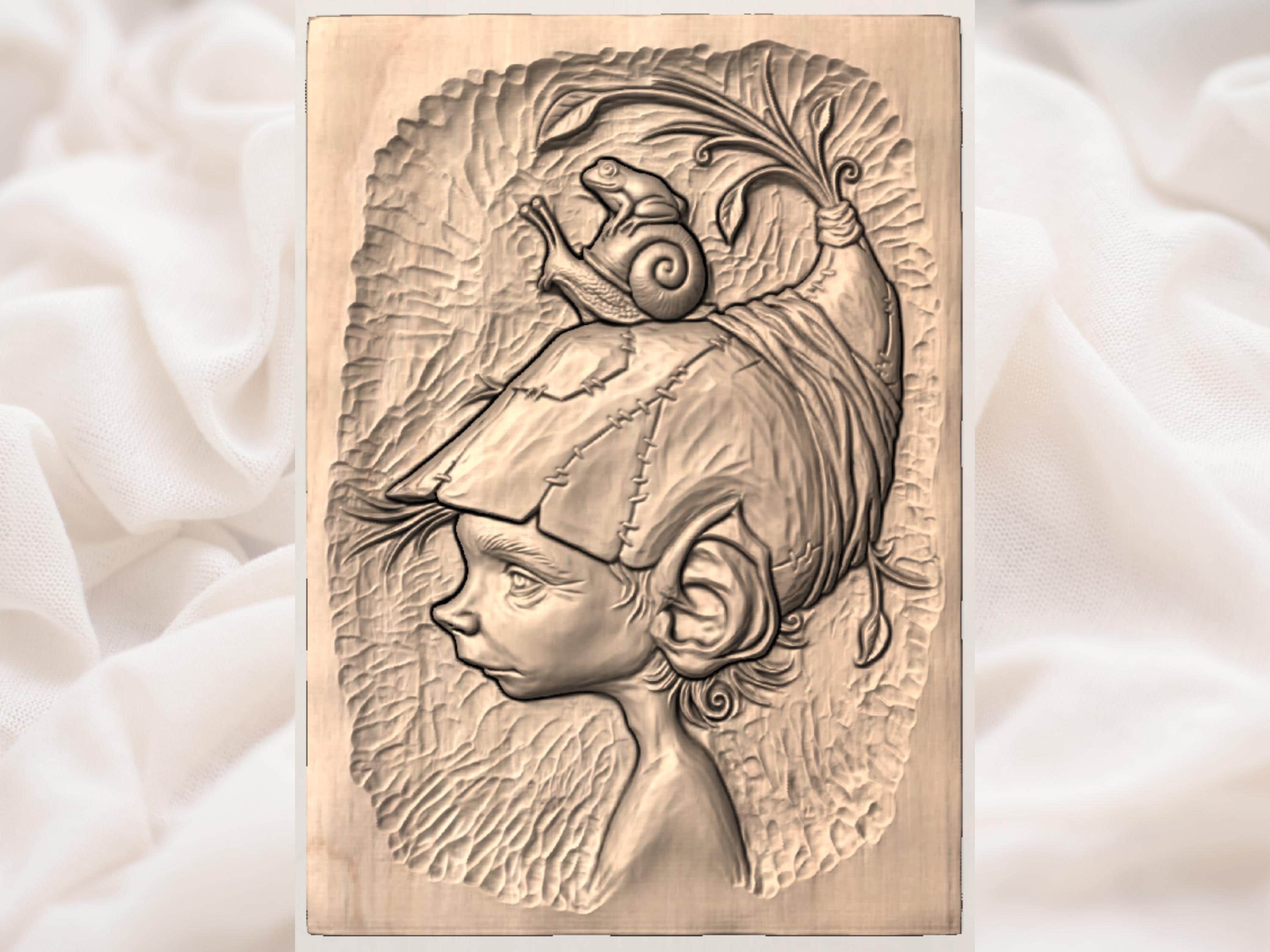Elf Child With Snail and Frog Cap Fantasy Bas-Relief STL bas-relief STL — view 3