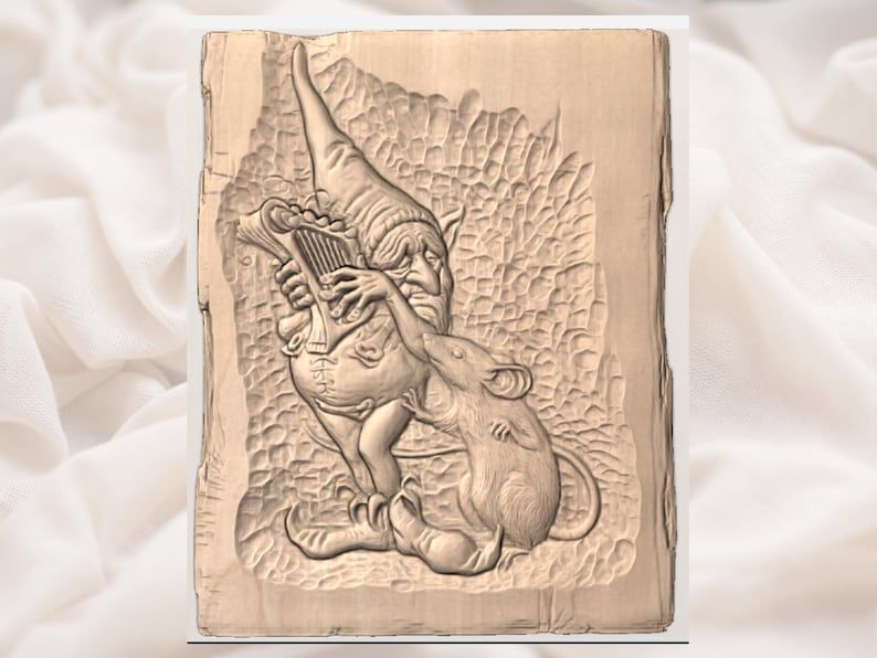 Gnome Playing Lyre for a Mouse 3D Relief STL Carving bas-relief STL — view 2