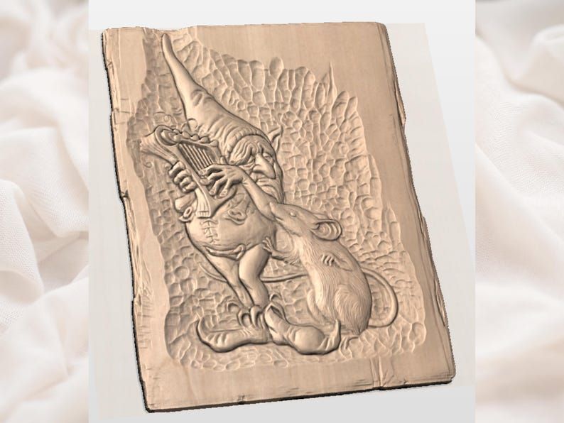 Gnome Playing Lyre for a Mouse 3D Relief STL Carving bas-relief STL — view 3